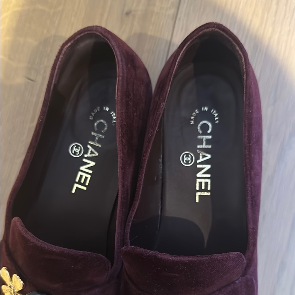 Chanel Burgundy Velvet Loafers with Gold Accents - Picture 2 of 5